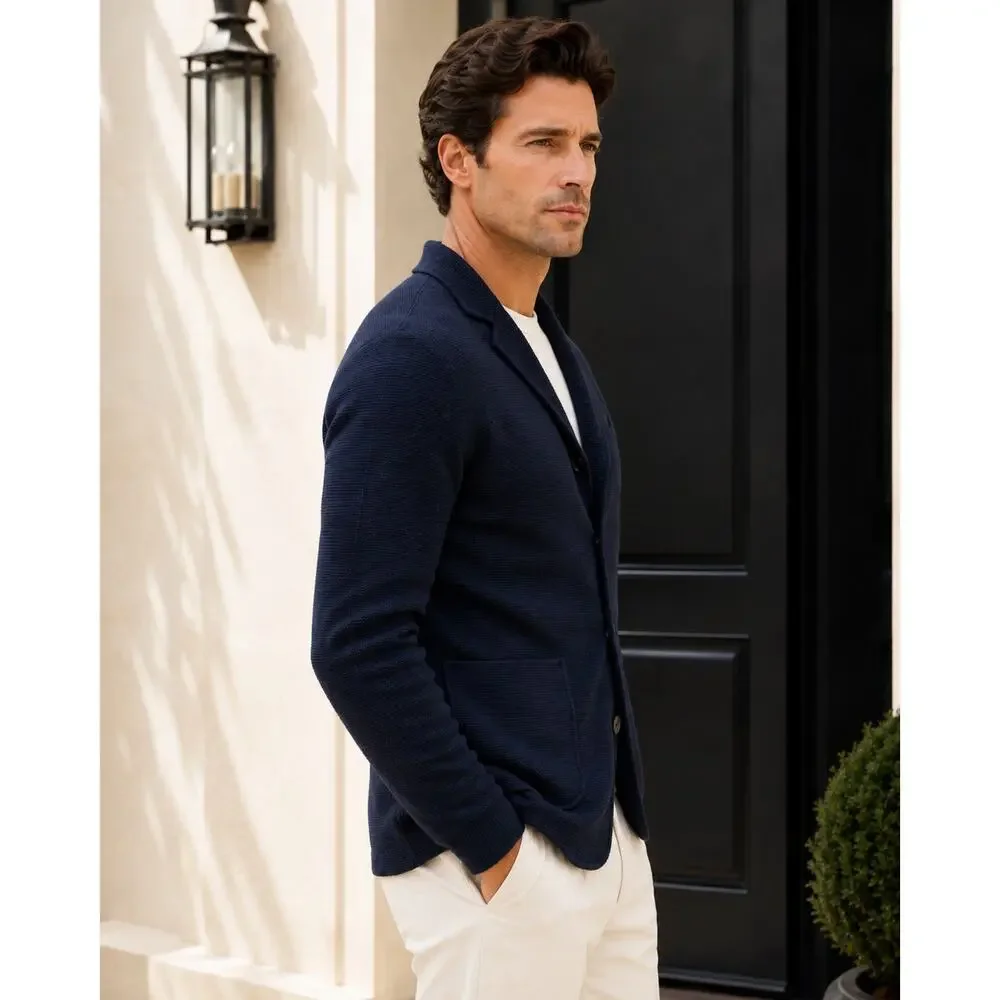 Quiet Luxury European Wool Knit Blazer Cardigan Cortigiano in Bottega Navy Small